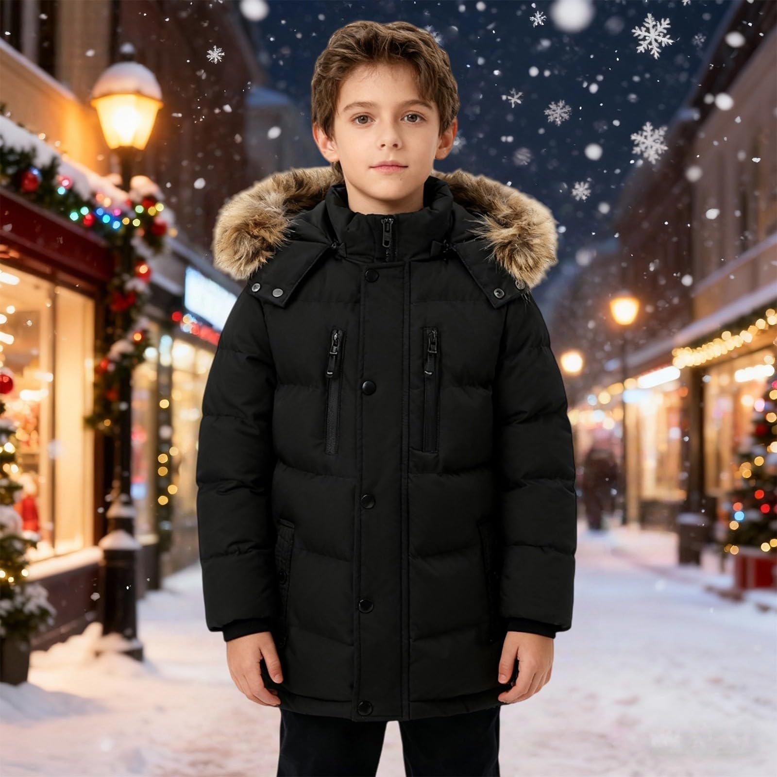 Piumino per bambini con cappuccio in pelliccia e tasche, tinta unita, giacca invernale, impermeabile, comodo, morbido, giacca a vento, giacca con cappuccio, leggera, alla moda, per attività all'aria