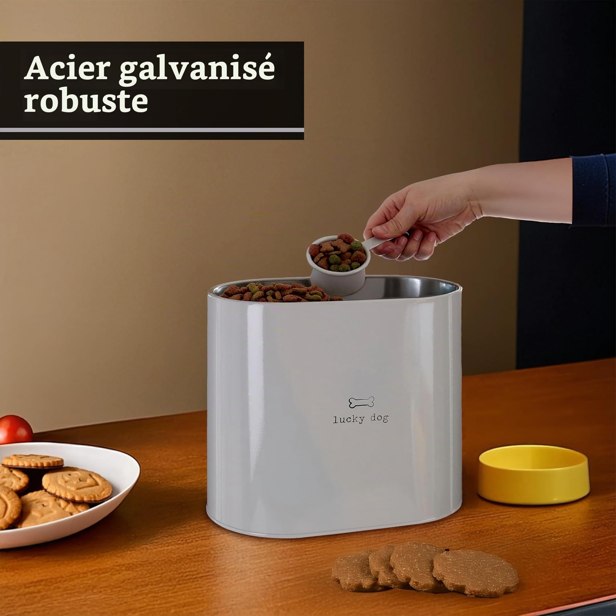 Boîte de Stockage de Nourriture pour Chiens avec Cuillère , Métal, Naturel, 6.5 L