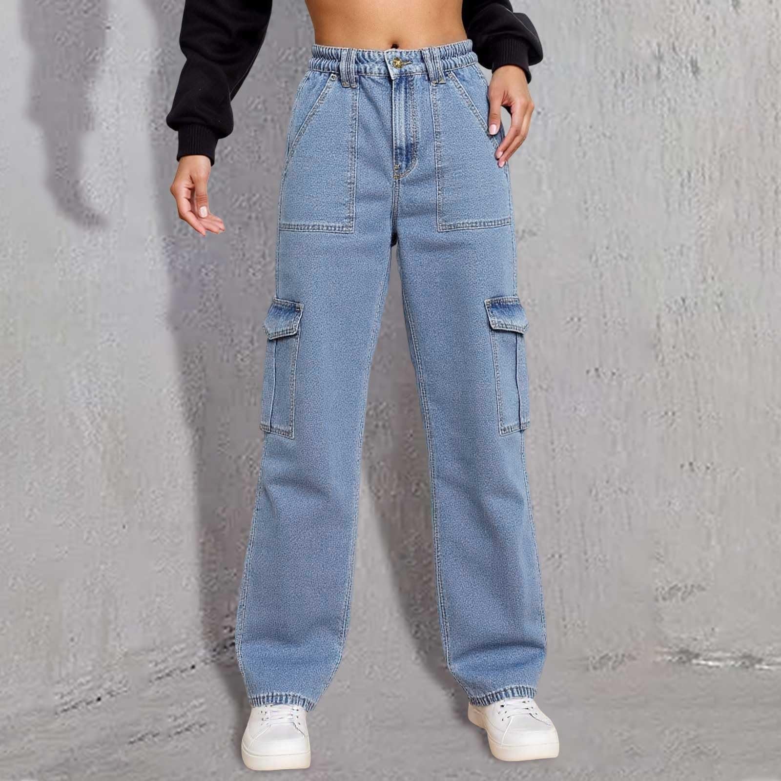 Generisch Jeans Damen Baggy Cargo-Jeans FüR Damen Mit Hoher Taille Und Geradem Weitem Bein FüR LäSsige Streetwear-Party Und Club-Outfits Mit ReißVerschluss Und Knopfverschluss Vorne