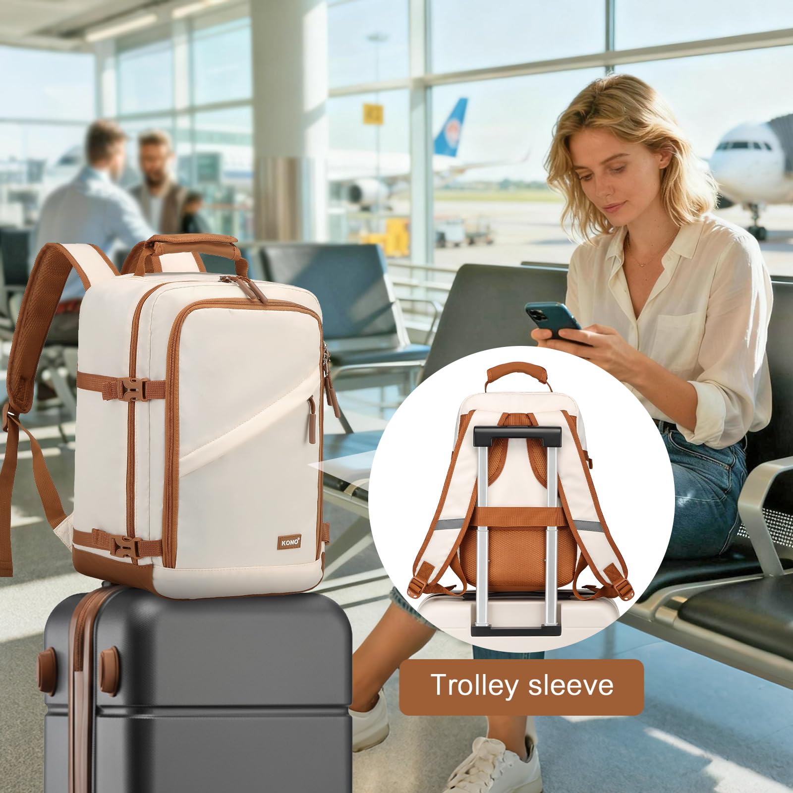 Kono Ryanair Cabin Bags 40x30x20 40x20x25 Underseat Bags Travel Backpack Cabin Size Carry-ons Hand Luggage Bag Waterproof Ryanair Underseat Backpack for Man&Woman Beige — view 4