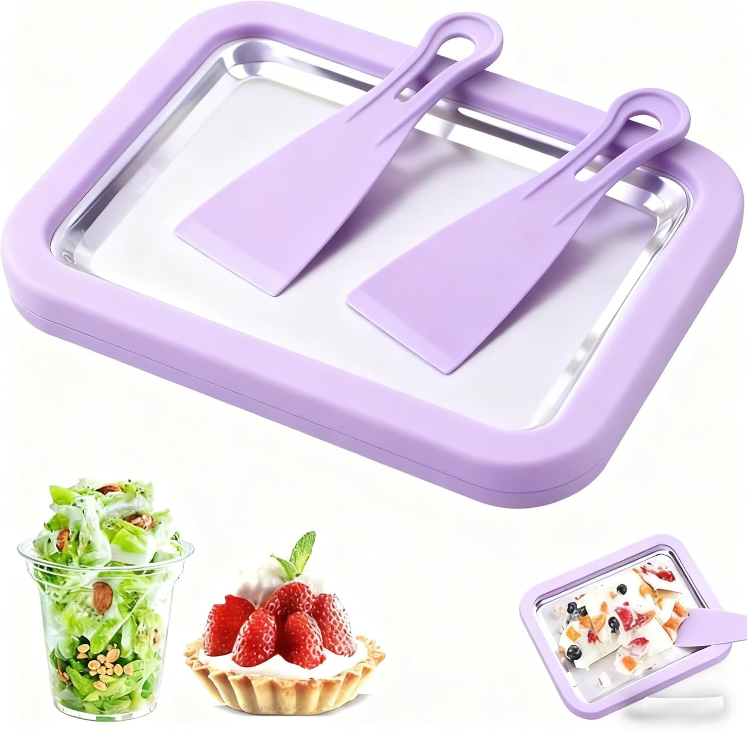 At-Home Rolled Ice Cream Maker Kit, DIY Homemade Rolled Ice Cream tray, Instant Freeze Plate with 2 Scrapers,Yogurt, Sorbet, Fun Family Activity for Kids, Food-Grade Stainless Steel (Taro purple)