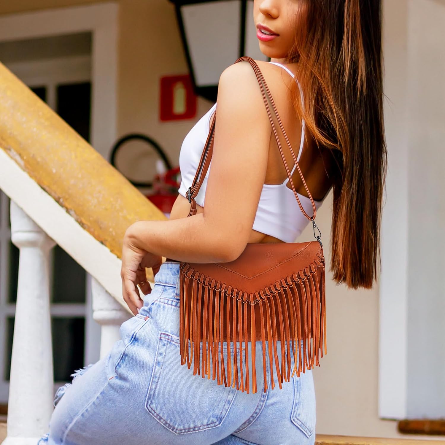 CALLARON Women Tassel Purse Tassel Shoulder Bag Leather Western Fringe Messenger Bag Small Shoulder Bag Vintage Fringe Crossbody Purse for Girls Women