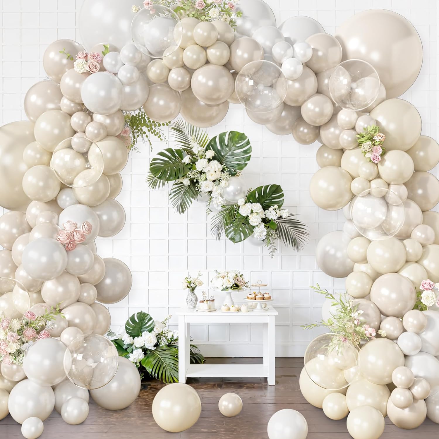 Amandir 173 Pcs Pearl White Balloon Arch Garland Kit, Double-Stuffed Pearl Ivory White Sand Clear Baptism Balloons for Wedding Bridal Shower Engagement First Communion Birthday Party Decorations