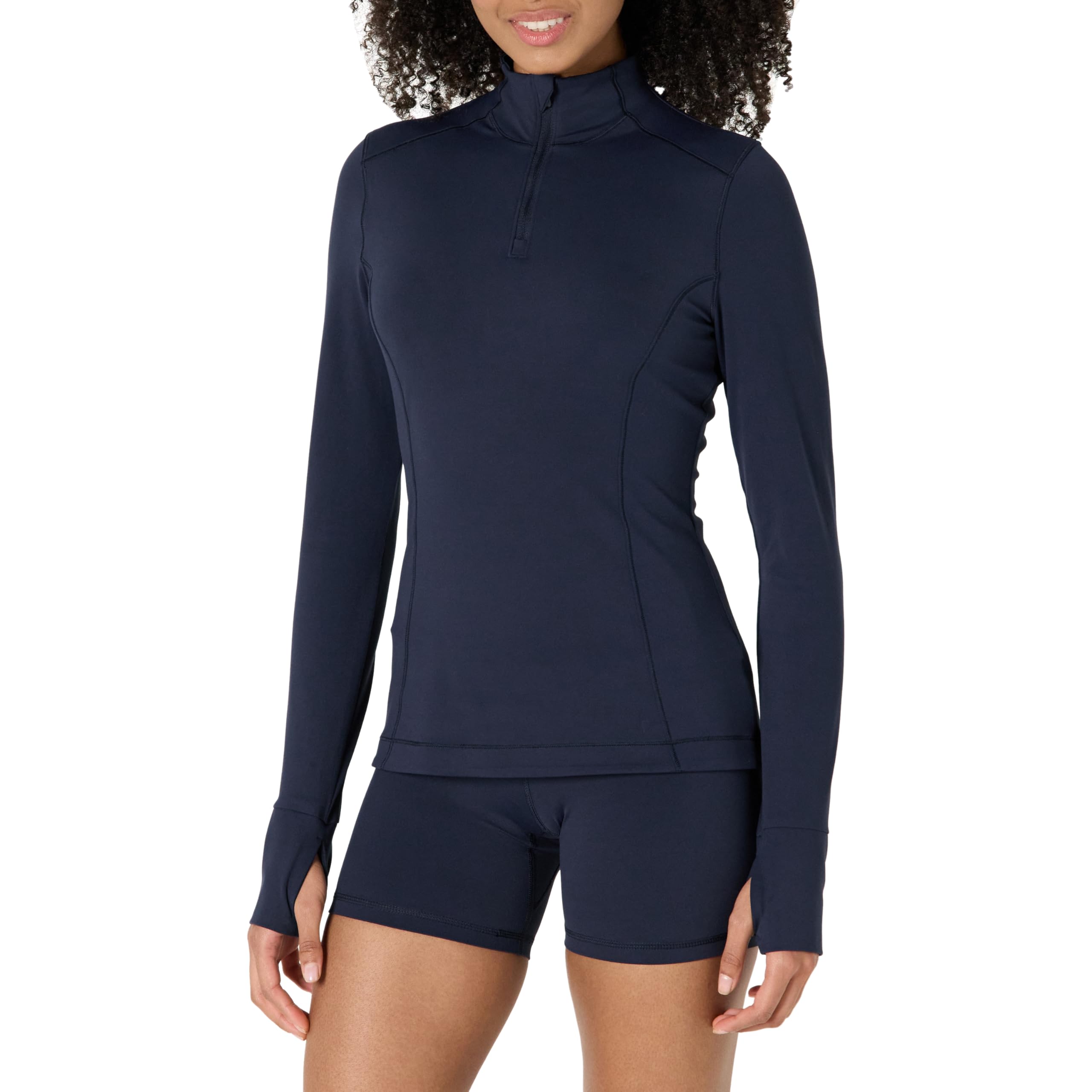 Amazon Essentials Women's Active FormFlex Buttery Soft Slim Fit Quarter Zip Long Sleeve Pullover Jacket, Navy, Large