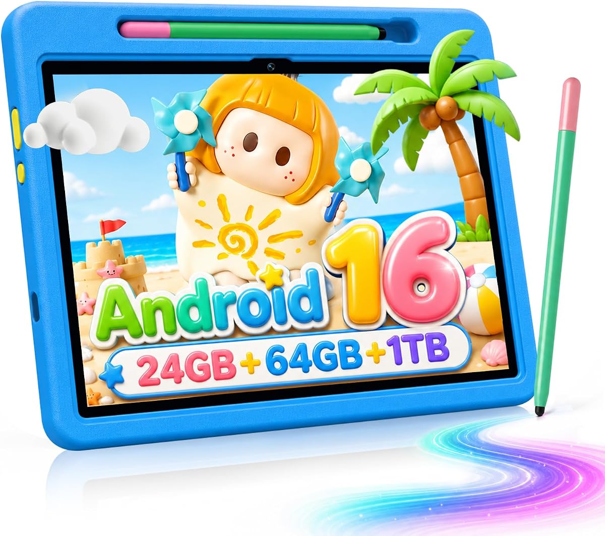 Android 16 Kids Tablet HD 10 Inch with Stylus & Case, 24GB RAM 64GB ROM 1TB | Electronics Tablets for Kids 3-12 Toddler, Parental Control & Kids Space, 6000mAh, WiFi 6, BT 5.4, 2*Camera, Gifts for Kids