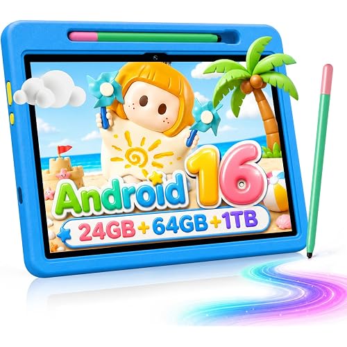 Android 16 Kids Tablet HD 10 Inch with Stylus & Case, 24GB RAM 64GB ROM 1TB