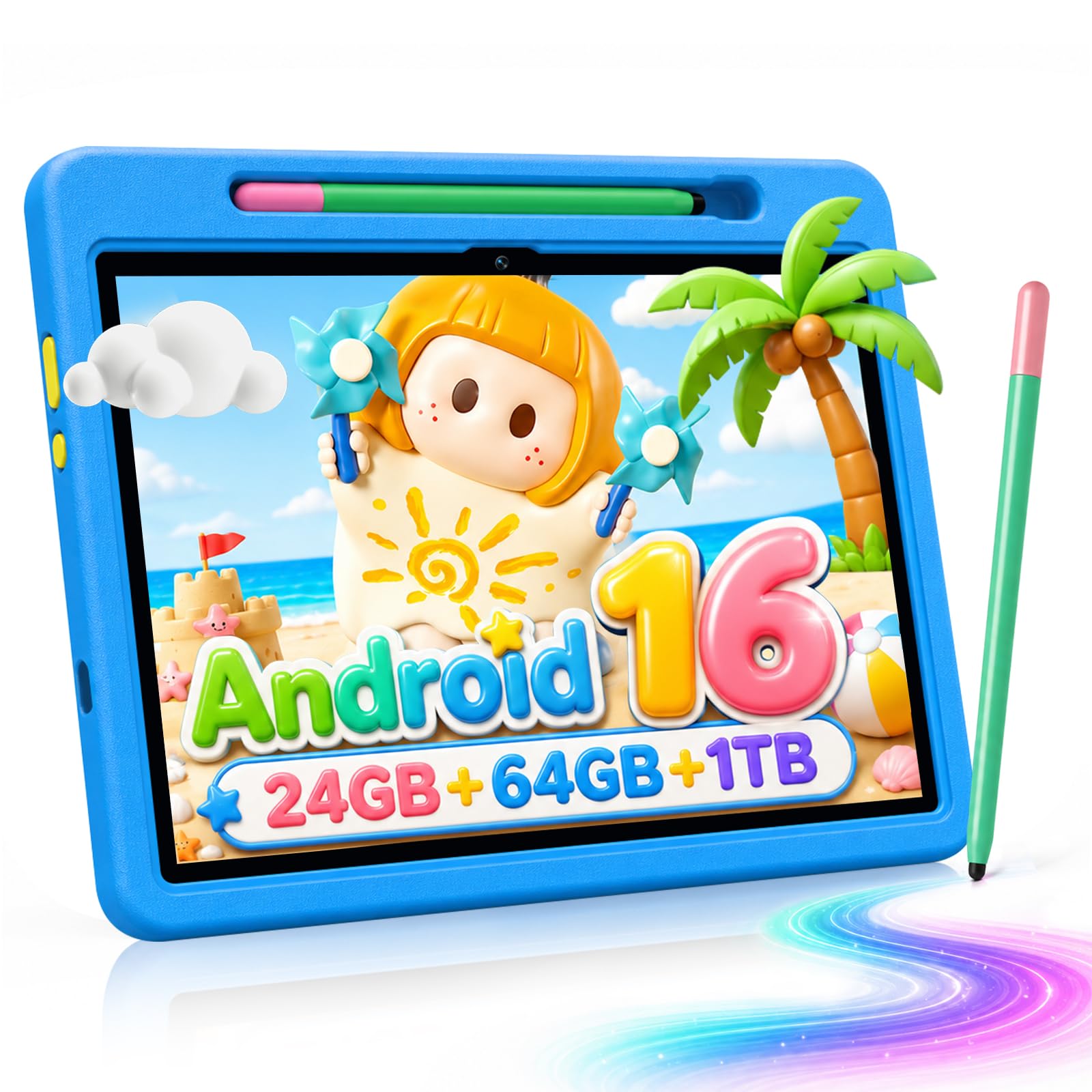 Android 16 Kids Tablet HD 10 Inch with Stylus & Case, 24GB RAM 64GB ROM 1TB | Electronics Tablets for Kids 3-12 Toddler, Parental Control & Kids Space, 6000mAh, WiFi 6, BT 5.4, 2*Camera, Gifts for Kids