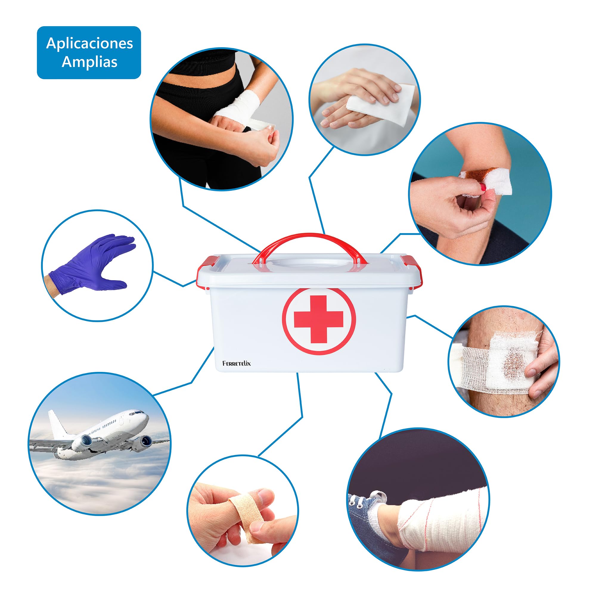 Farmalix Botiquin caja primeros auxilios con tapa 4 litros medidas: 28cmx19cmx13cm equipado con varios artículos para realizar las primeras curas en caso de emergencia