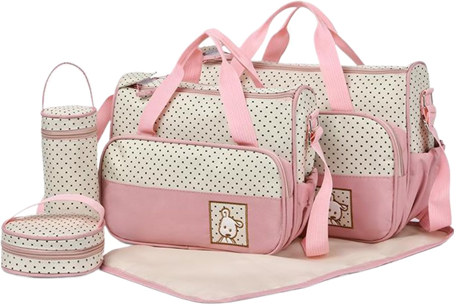Baby Diaper Bags, 5pcs/set Waterproof Diaper Bag Tote Set with Handbags, Bottle Bag, Small Lunch Bag & Diaper Mat, Portable Baby Diaper Bag for Parents (Pink)