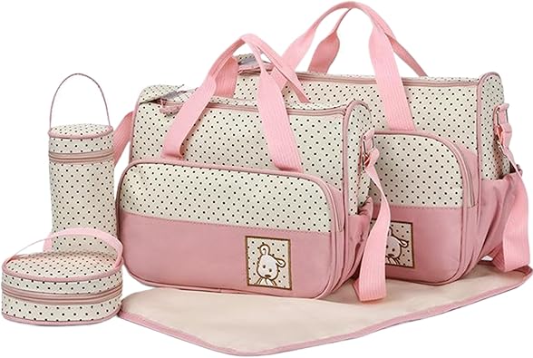 Baby Diaper Bags, 5pcs/set Waterproof Diaper Bag Tote Set with Handbags, Bottle Bag, Small Lunch Bag & Diaper Mat, Portable Baby Diaper Bag for Parents Pink