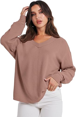 Miniatura 9 de ANRABESS Camisas de manga larga de gran tamaño para mujer, sudadera con hombros descubiertos, holgada, cuello en V, suéter alto y bajo 2025