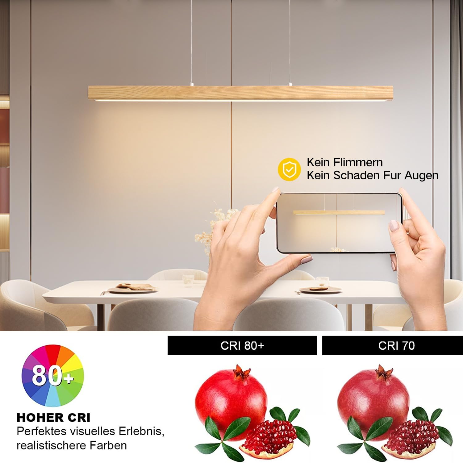 LED Madera Lámpara Colgante Mesa de Comedor, Cocina, Luz Colgante Regulable Interiore Control Remoto y App Diseño Moderno, Ajustable Temperatura de Color, Brillo, Altura,L100CM/36W