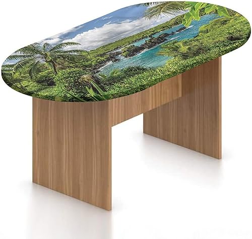 XISUNYA Mantel ovalado ajustable de poliéster con bordes elásticos hawaianos, almohadilla de mesa relajante con estampado de coco y laguna, se XISUNYA Mantel ovalado ajustable de poliéster con bordes elásticos hawaianos, almohadilla de mesa relajante con estampado de coco y laguna, se