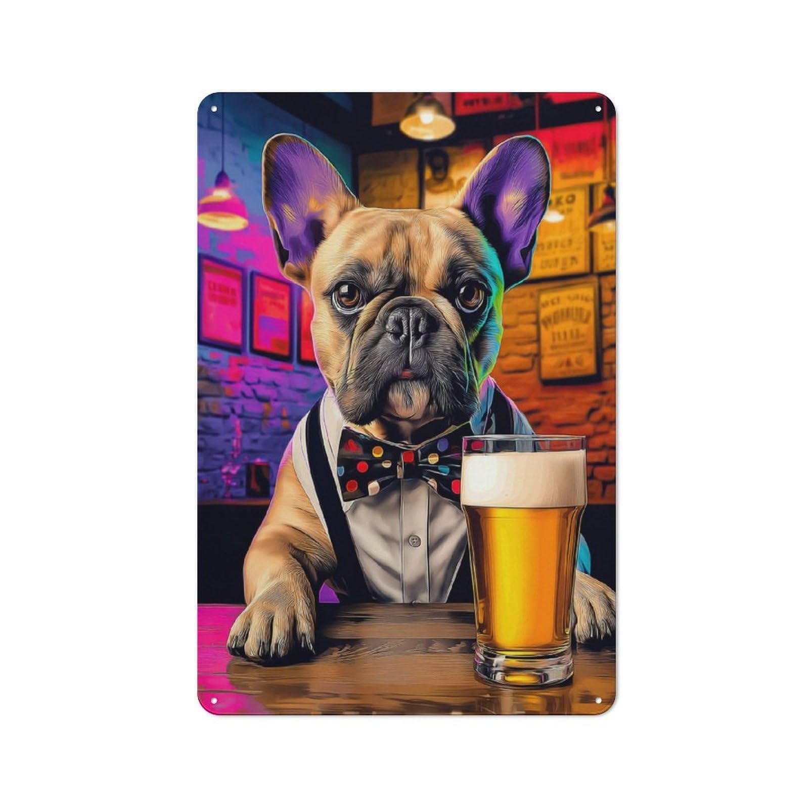 Junmoney French Bulldog Enjoying A Pint -1 Old Fashioned Retro Metal Sign 30X20cm Featuring Vintage Wall Decor For Kitchen, Hallway, Bar Or Small Cafe