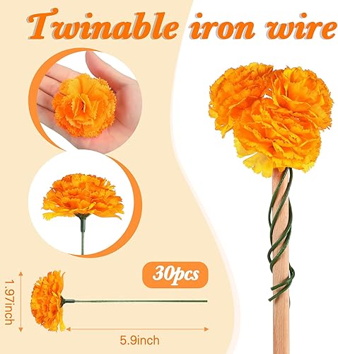 Miniatura 2 de Riceshoot Decoración del Día de los Muertos, 2 guirnaldas de caléndula de 4.9 pies con hojas verdes, 6 decoraciones artificiales de mariposa