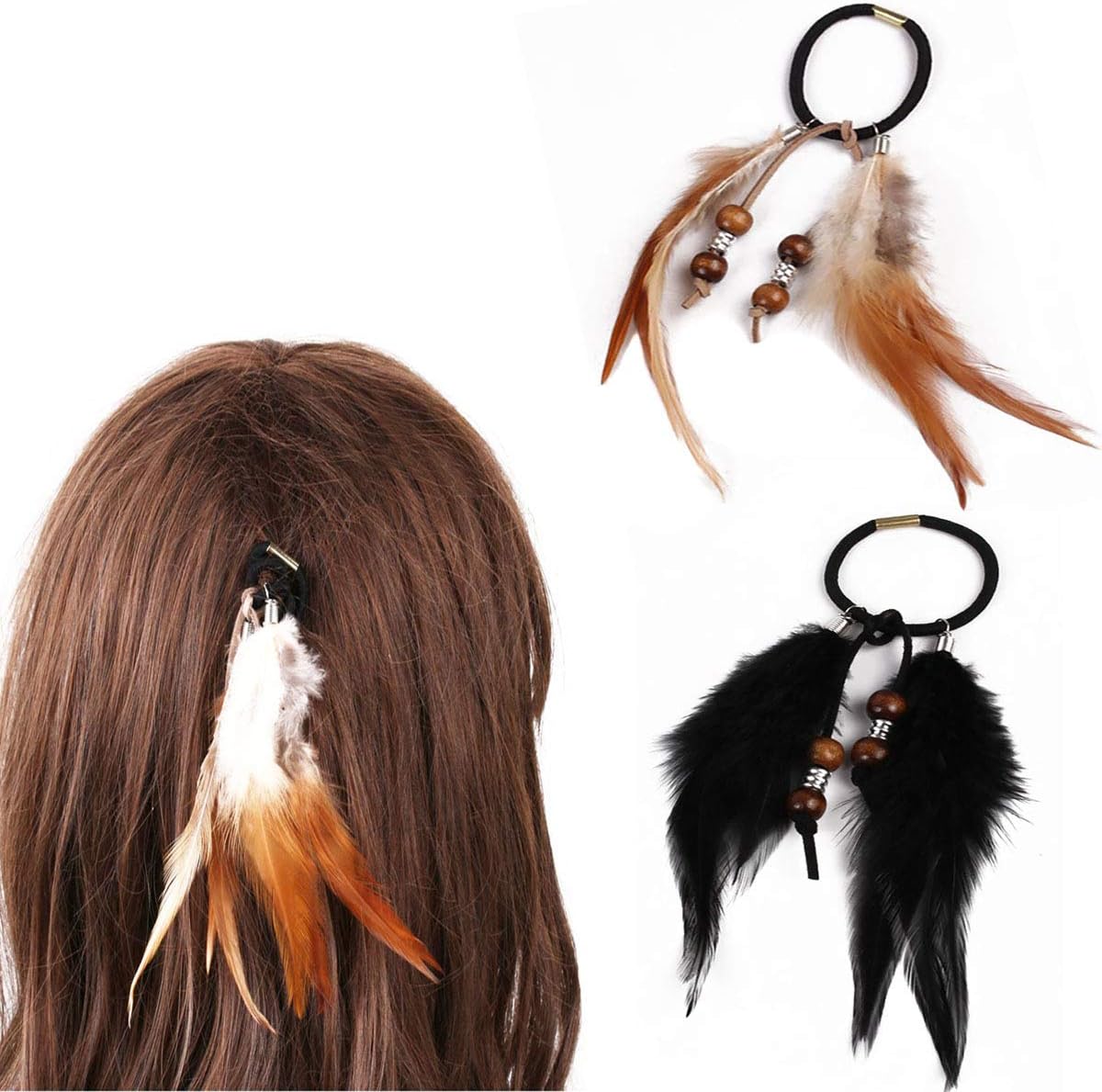 4PCS Women Lady Girls Handmade Bohemia Hair Rope Head Wrap Hair Band Headbands Elastics Feather Hair Tie Ponytail Holders Hair Accessories Headdress