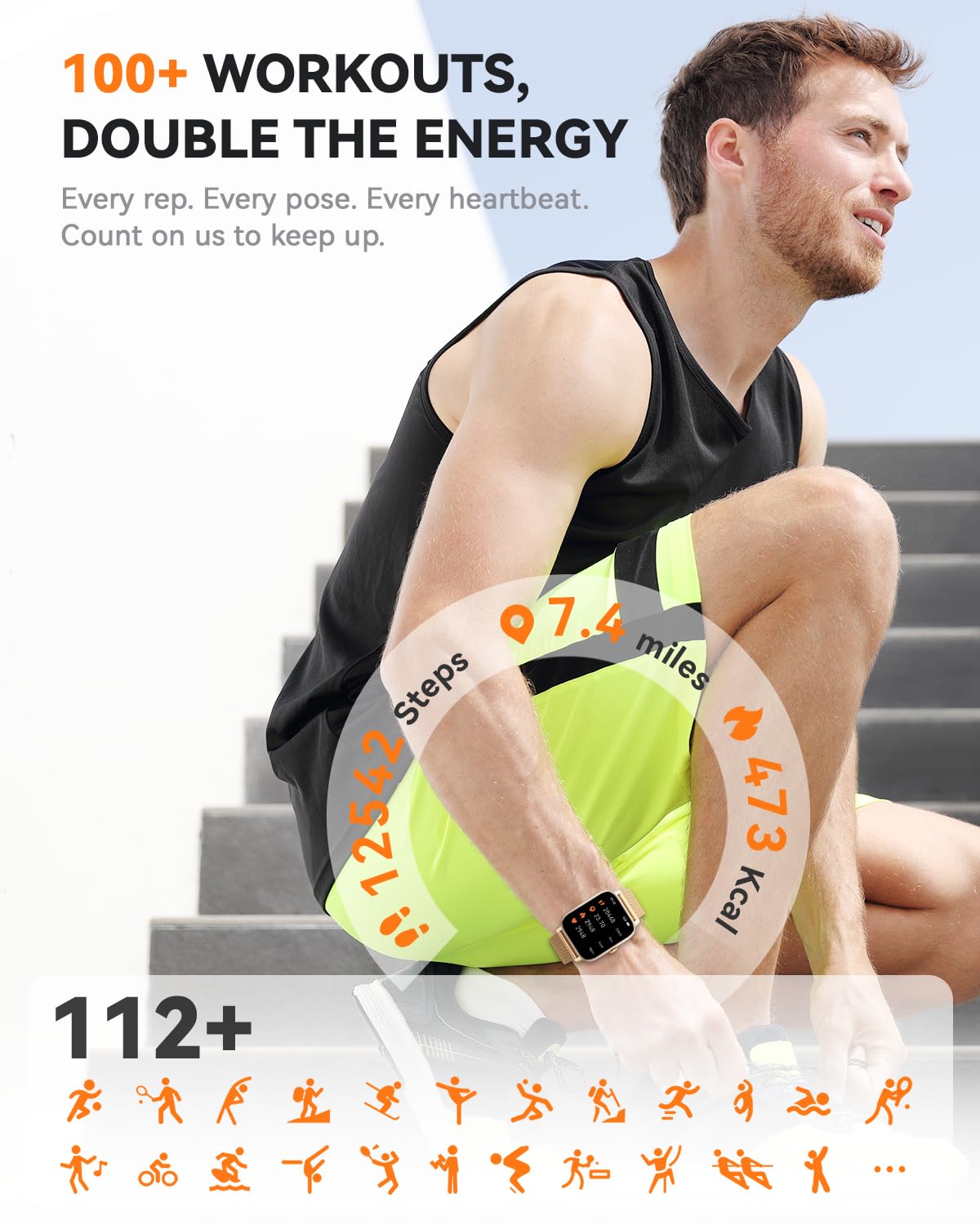 Relojes inteligentes para hombres y mujeres, rastreador de fitness con contador de actividad/monitor de sueño, IP68 resistente al agua para Android, iPhone iOS (funda de arena cálida con correa dorada