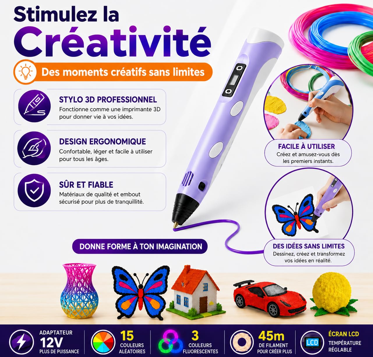 Stylo 3D de précision | Kit complet avec 45 m de filament PLA (15 couleurs) 3 fluorescents | Vitesse réglable | Outil pour travaux manuels et réparations Pen 3D