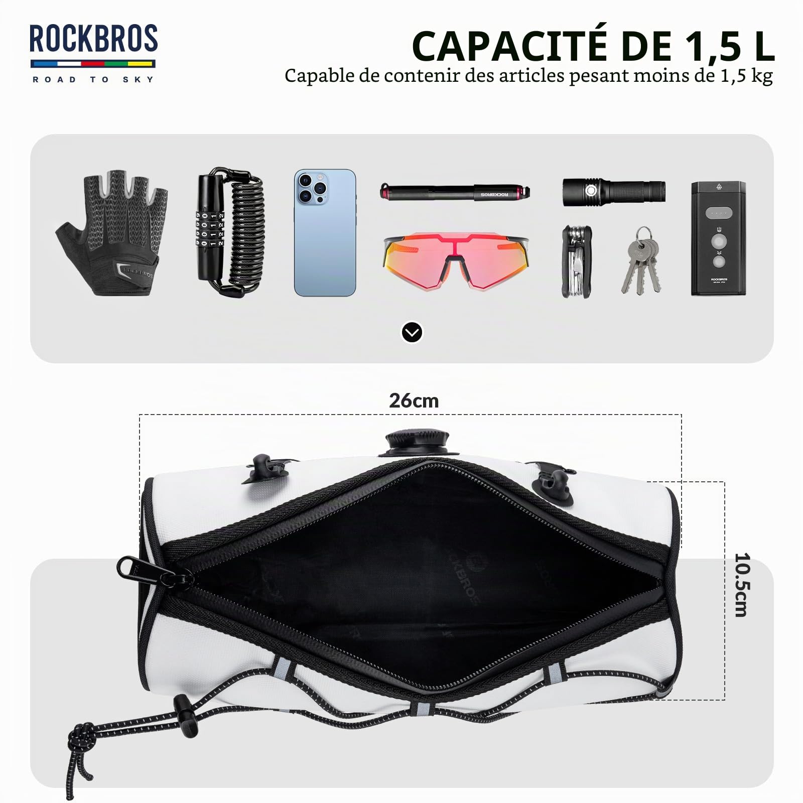 ROCKBROS Road to Sky Sacoche Guidon Vélo 1,5L Sac Cintre VTT Moderne Sacoche Gravel Avant Réfléchissant étanche Cylindrique Vélo Ville Polyester PU EVA Anti-Déformation Blanc Orange Vert Gris Noir