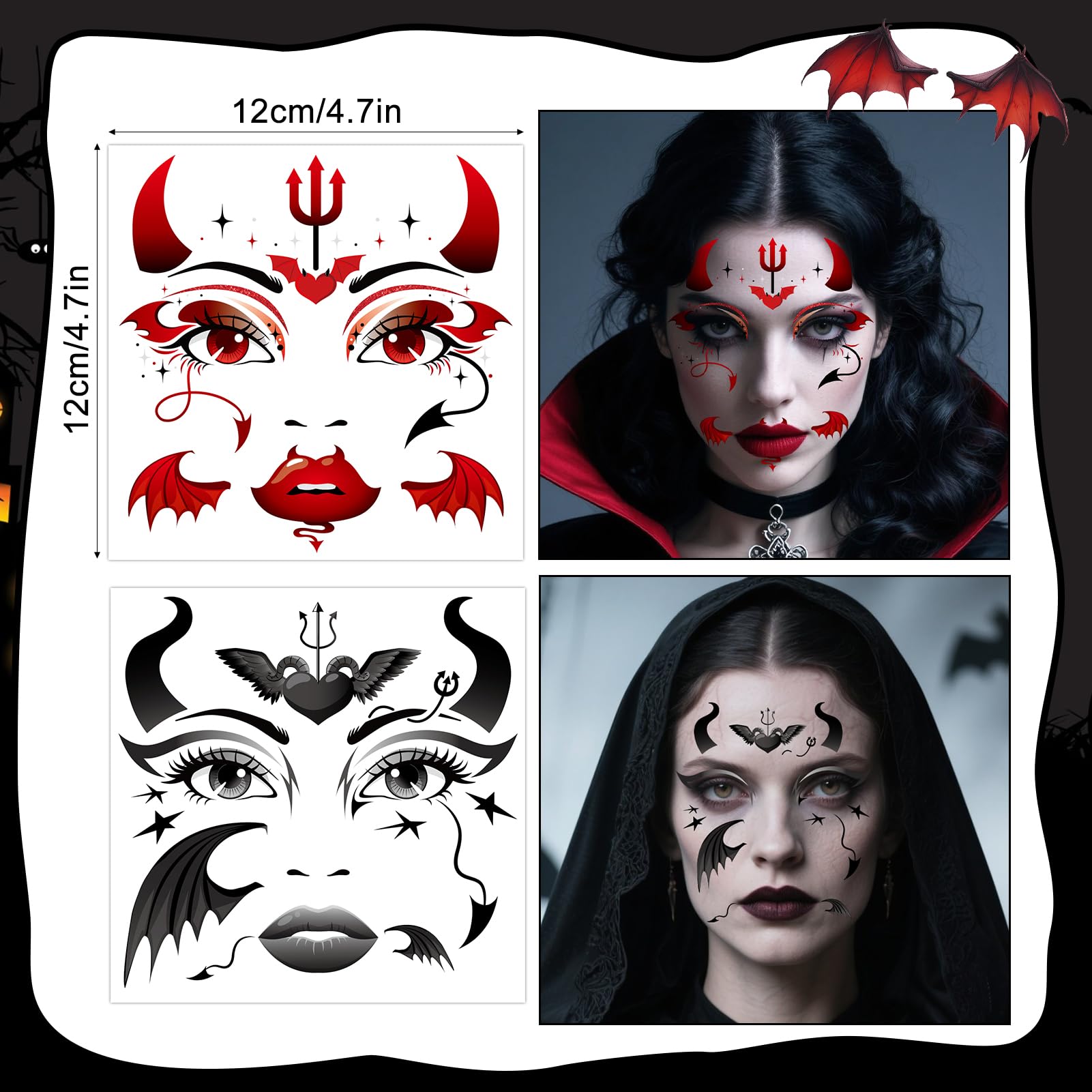 HOWAF Black Devil Horns Headband & Halloween Face Tattoos Stickers - Image 3