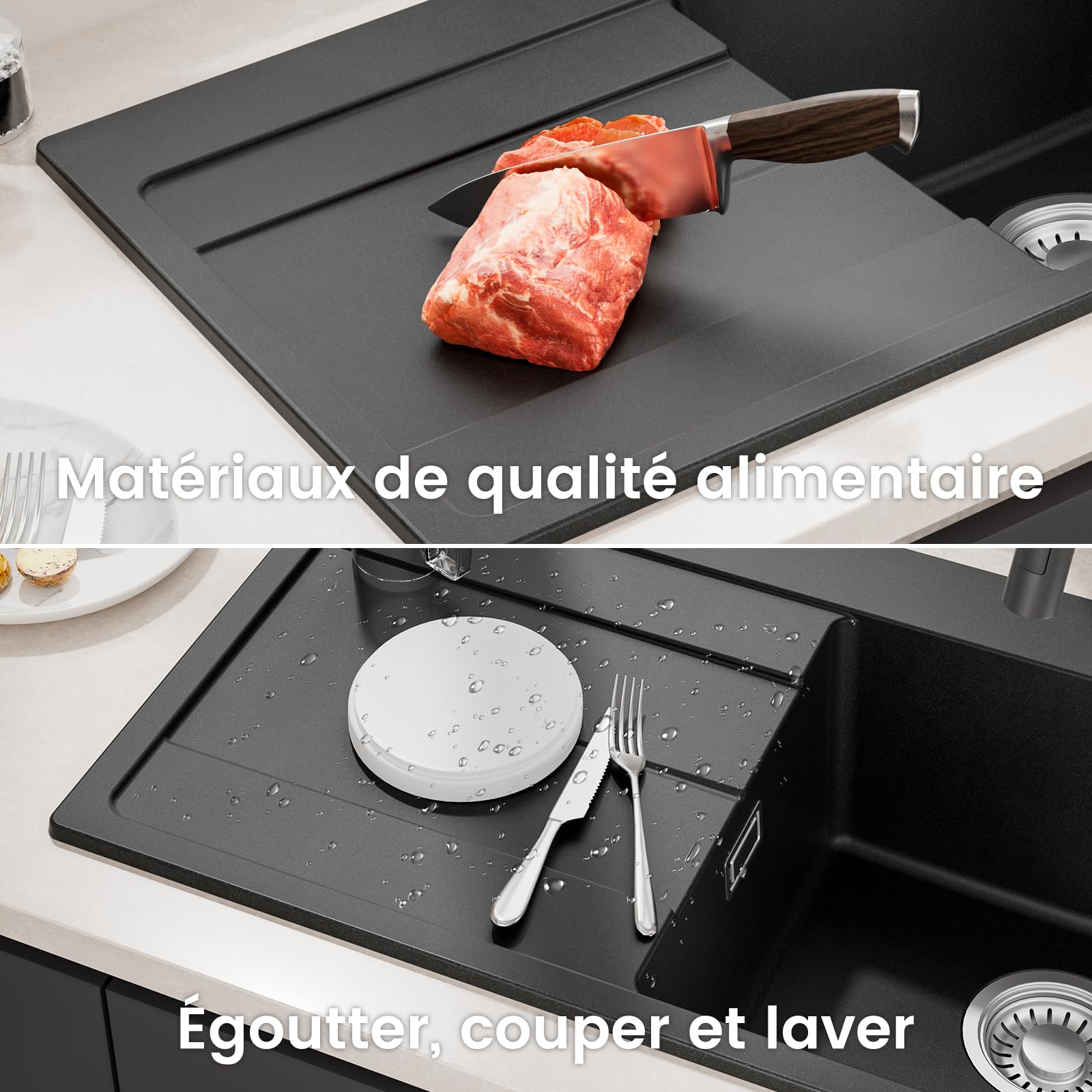 CECIPA Évier de cuisine 78 x 45 cm - Noir - En granit avec égouttoir - Pour armoires inférieures de 45 cm de large - Avec siphon et trop-plein