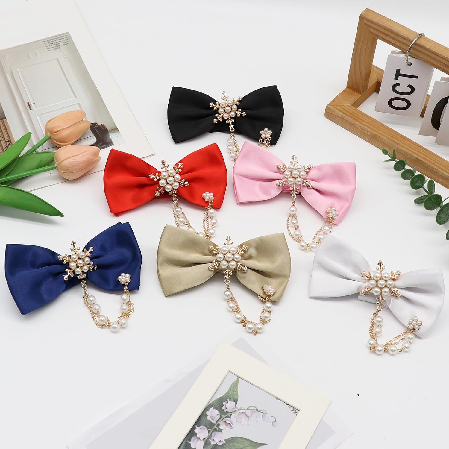 Pearl Bow Ties for Men, Solid Mens Bow Tie with Pearl Brooch Chain Adjustable Pre Tied Bow Ties for Wedding Banquet