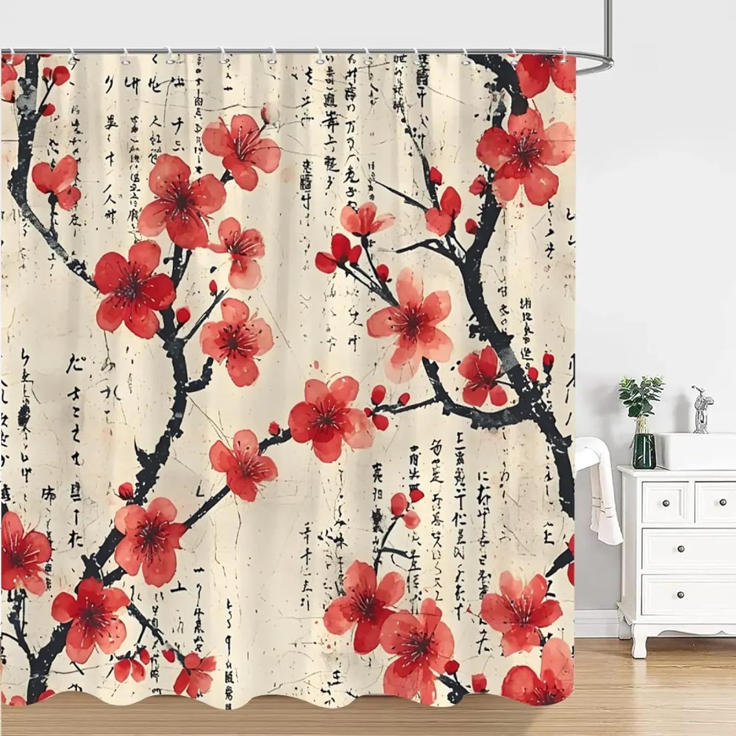 Chinese Japanese Ink Painting Shower Curtain Red Plum Blossom Art Painting Retro Style Shower Curtains Bathroom Decor 60x60in-153x153cm/WxH Shower Curtain with Hooks