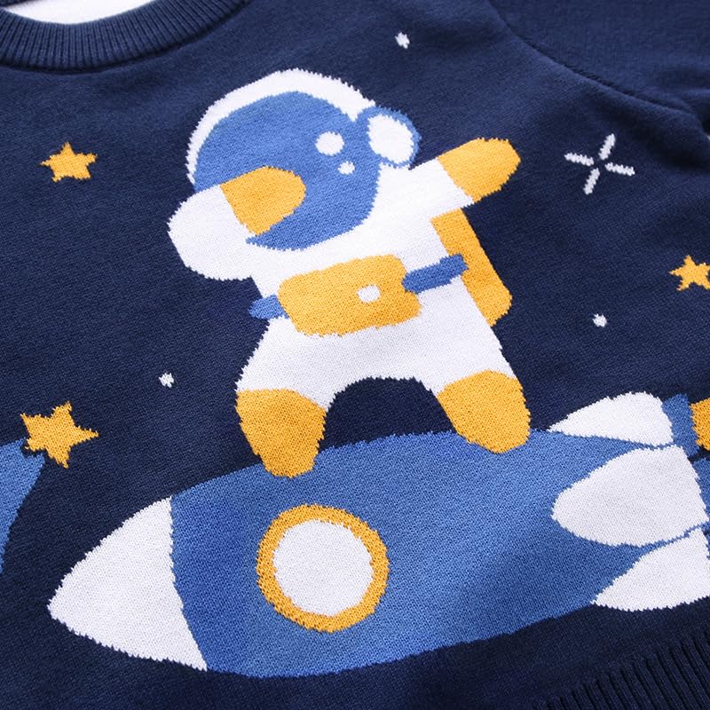 Meufam Toddler Boys Crew Neck Long Sleeve Knit Sweater Astronaut Planet Printed Cotton Pullover (Navy,120/4-5 Y,Unisex,Big Kid,US,Age,4 Years,5 Years)