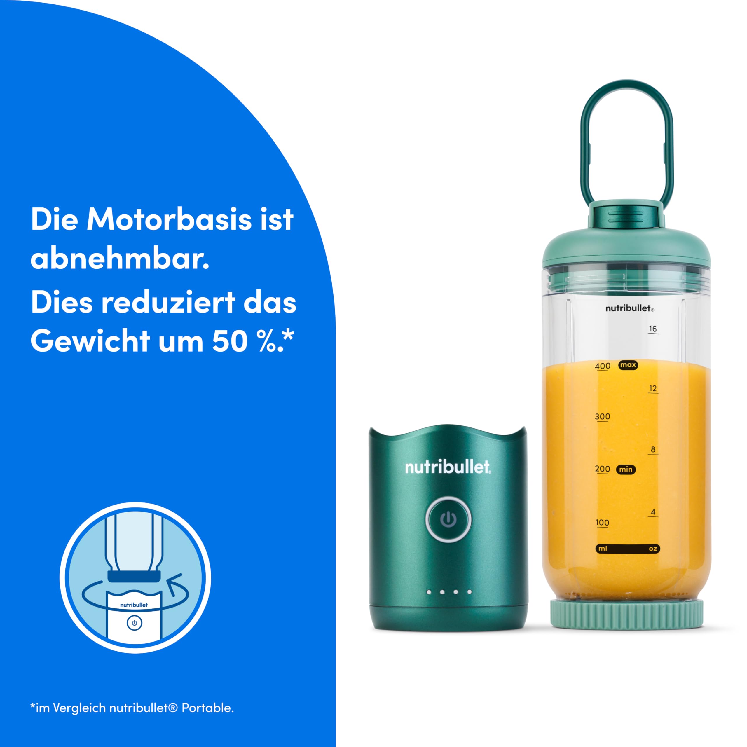 nutribullet Flex 590ml - tragbarer Smoothie-Mixer mit Trinkdeckel, zerkleinert Eis und gefrorene Früchte, USB-C, Trageschlaufe, BPA-freier Becher, leicht zu reinigen, Waldgrün (NBP013GR)