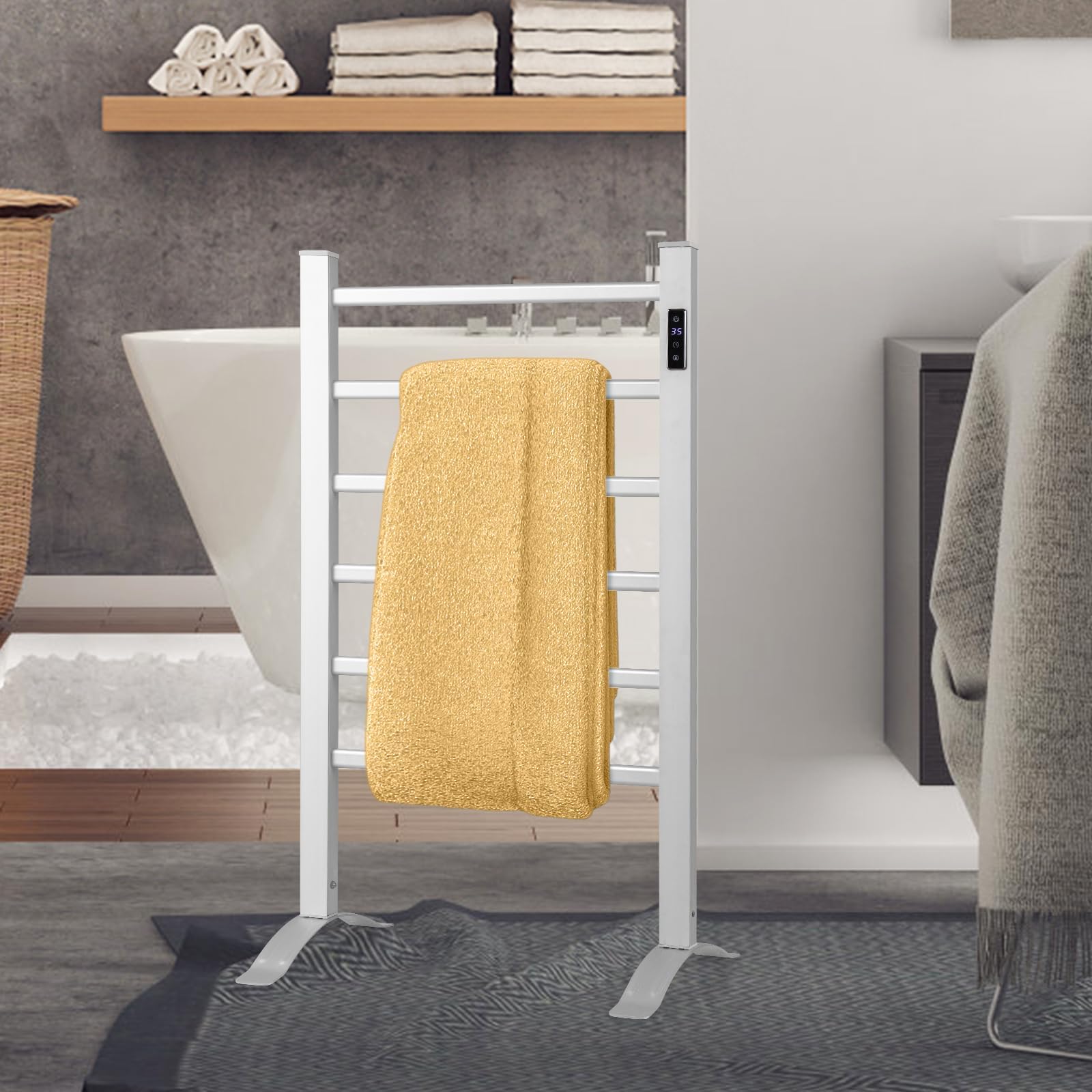 RELAX4LIFE Sèche-Serviettes Électrique 105W avec 6 Barres, Chauffage Porte-Serviettes 30℃-60℃ Mural/sur Pieds, Radiateur Électrique pour Serviettes en Aluminium avec Minuterie Protection Surchauffe