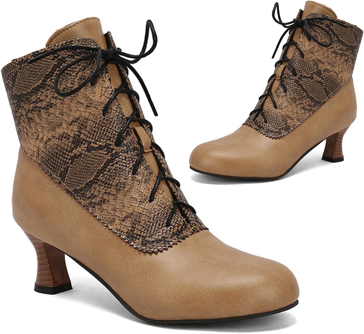 Alyaafifa Lace Up Booties for Women 2 Inch Kitten Low Heel Comfy Pointed Closed Toe Vintage Gothic Victorian Ankle Boots Two-Toned Matte Leather Short Boots Working Party