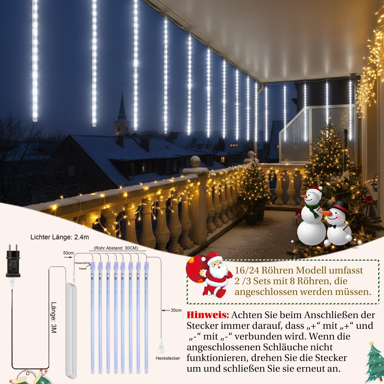 Meteorschauer Lichterkette Außen, 576LEDs 24 Röhren Outdoor Fallende Lichterregen 30cm, IP65 Wasserdicht Weihnachtsbeleuchtung für Balkon Traufe Dach Baum Deko,Weiß(3 Sätzen von 8er-Röhren)
