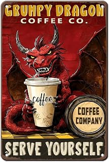 Dragon Coffee Co Metal Sign Vintage Red Dragon with Coffee Cup Tin Art Funny Serve Yourself Wall Art Cafe Bar Rustic Home Decoration 12x8 Inch