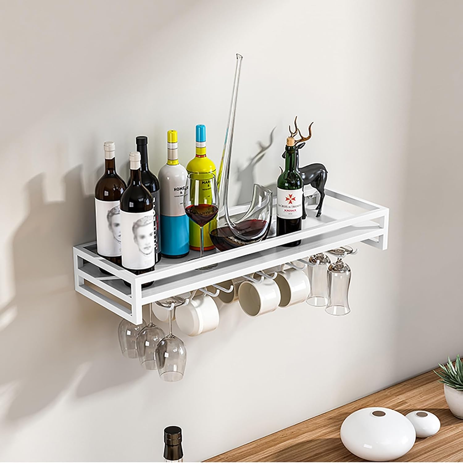 Wall Mounted Wine Rack, Wine Shelf Hanging Floating Wall Shelves, Wine Glass Bottle Rack Stemware Holder, Metal Wall Hanging Wine Holder Storage, for Living Room, Dining Room, Kitc