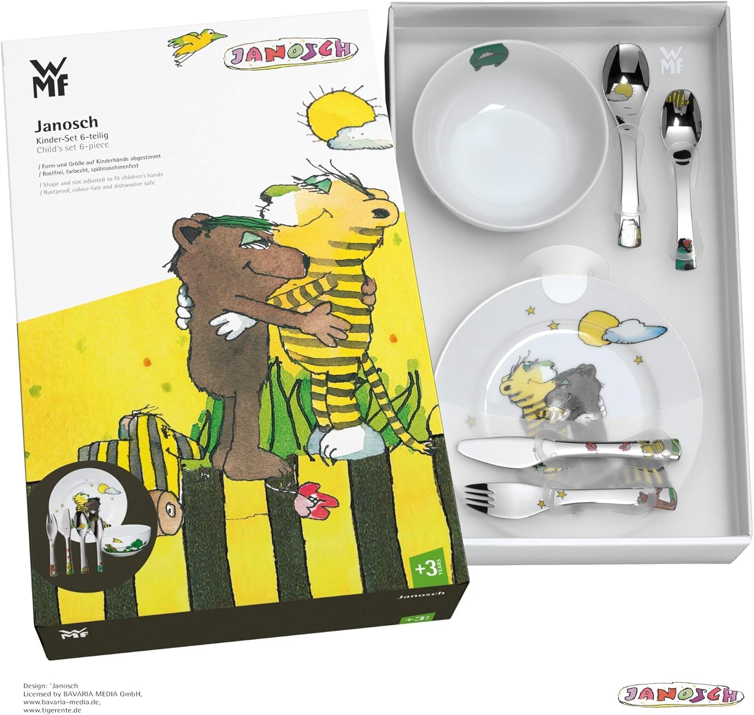 WMF Kindergeschirr Set Janosch Kindergeschirr Set 6-teilig mit Gravur – mit Namen – Porzellan Teller & Müsli-Schale mit Kinderbesteck – Kinder-Geschirrset für selbstständiges Essen ab 3 Jahren