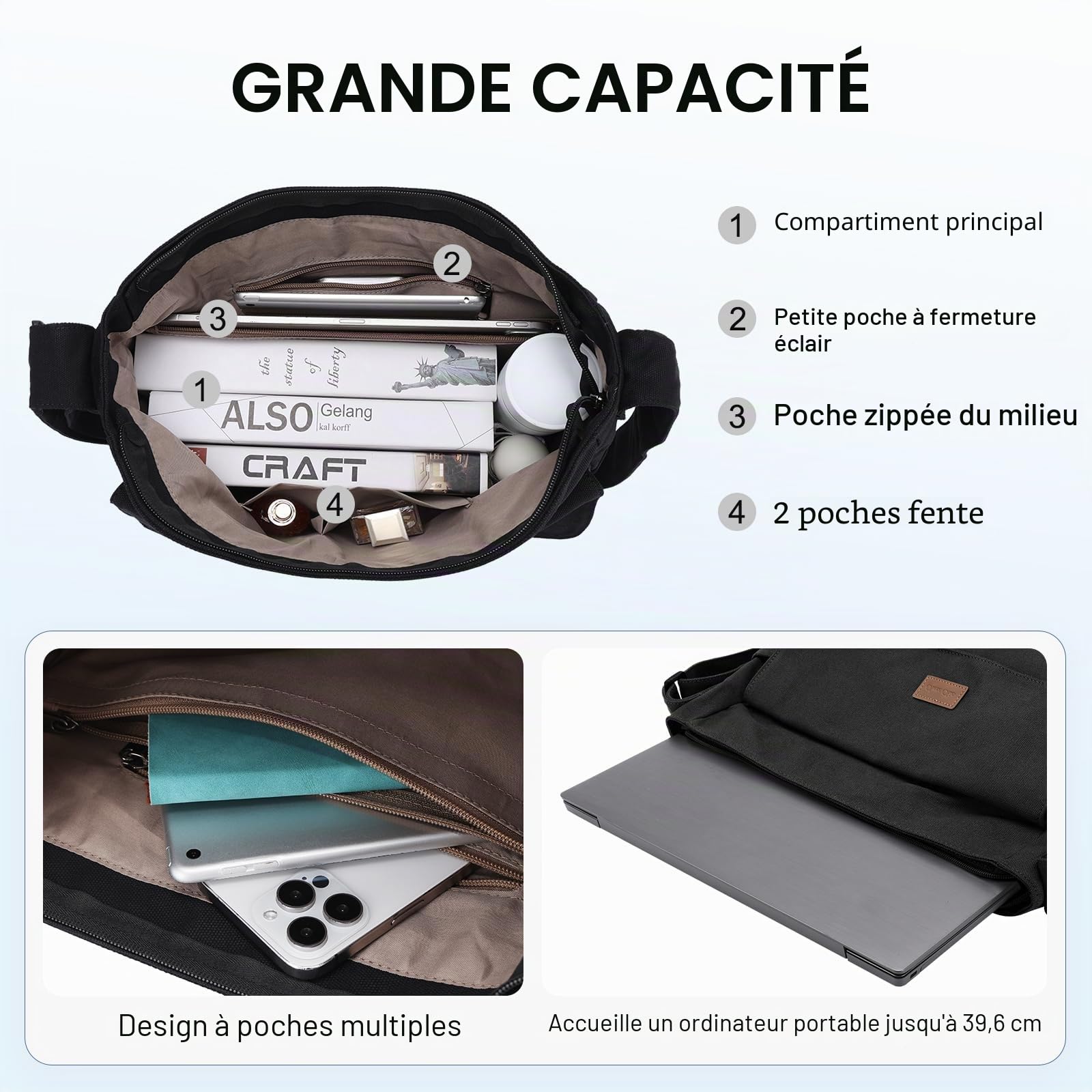 Chase Chic Toile Sac Bandoulière Femme Homme,Sacoche Messager pour Ordinateur Portable 15.6",Sacs Besace pour Travail Ecole