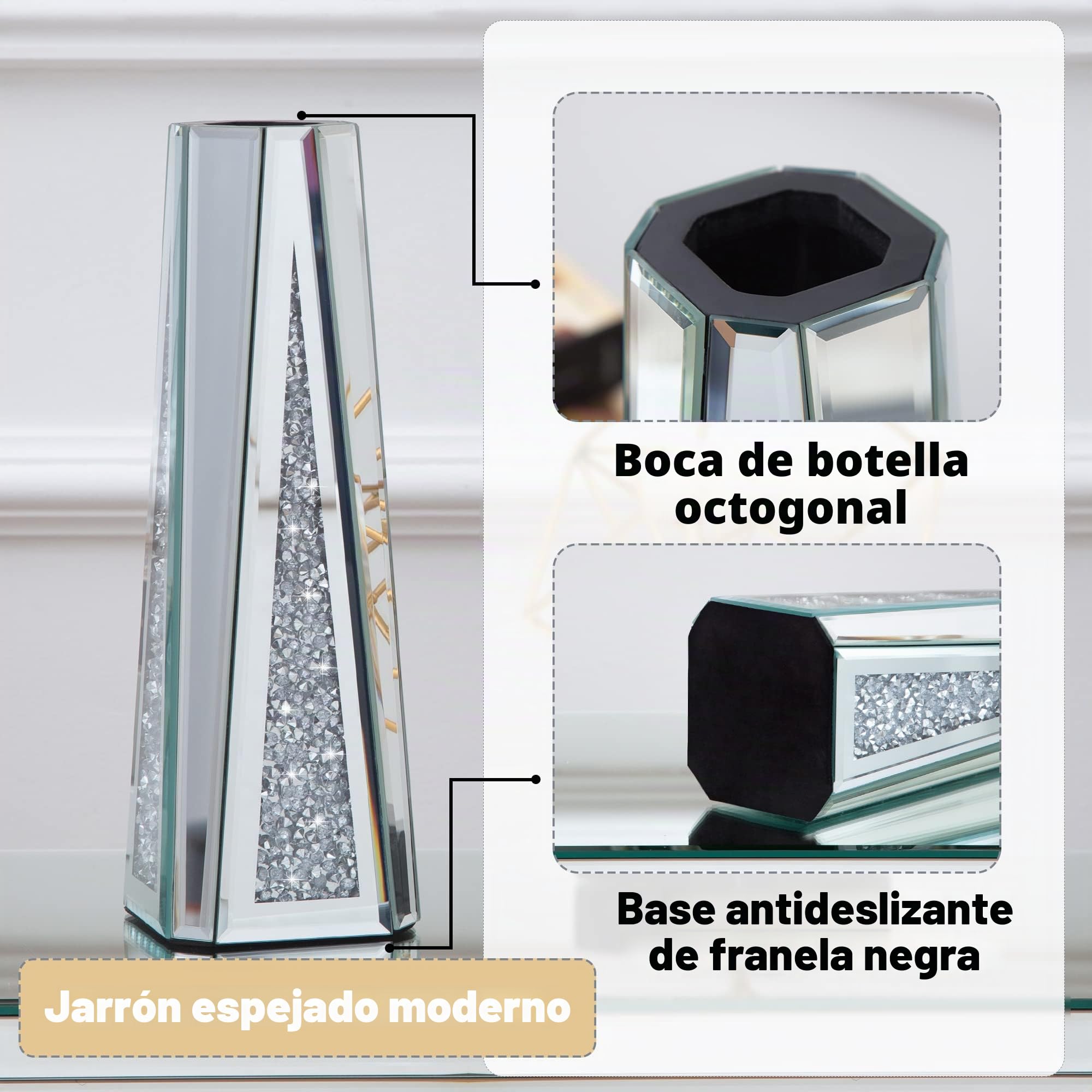 SHYFOY Jarrón grande para flores secas, 33 cm, decorativo de plata y cristal con cristales para el hogar, salón, mesa de comedor, boda