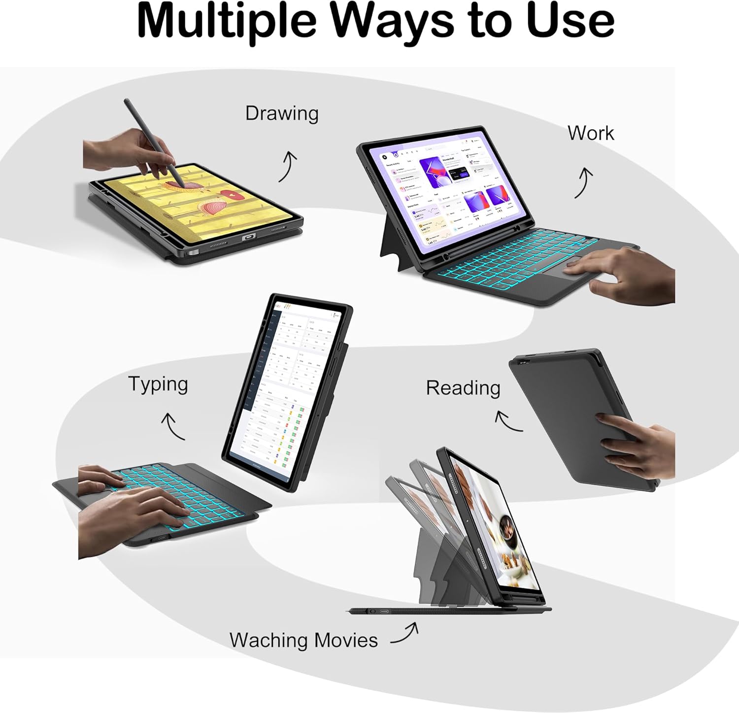 IVEOPPE Galaxy Tab A8 Case with Detachable Wireless Keyboard, Smart Touch Trackpad, Multi Use Protective Cover with S Pen Holder, 7 Colors Backlit Keyboard, Black