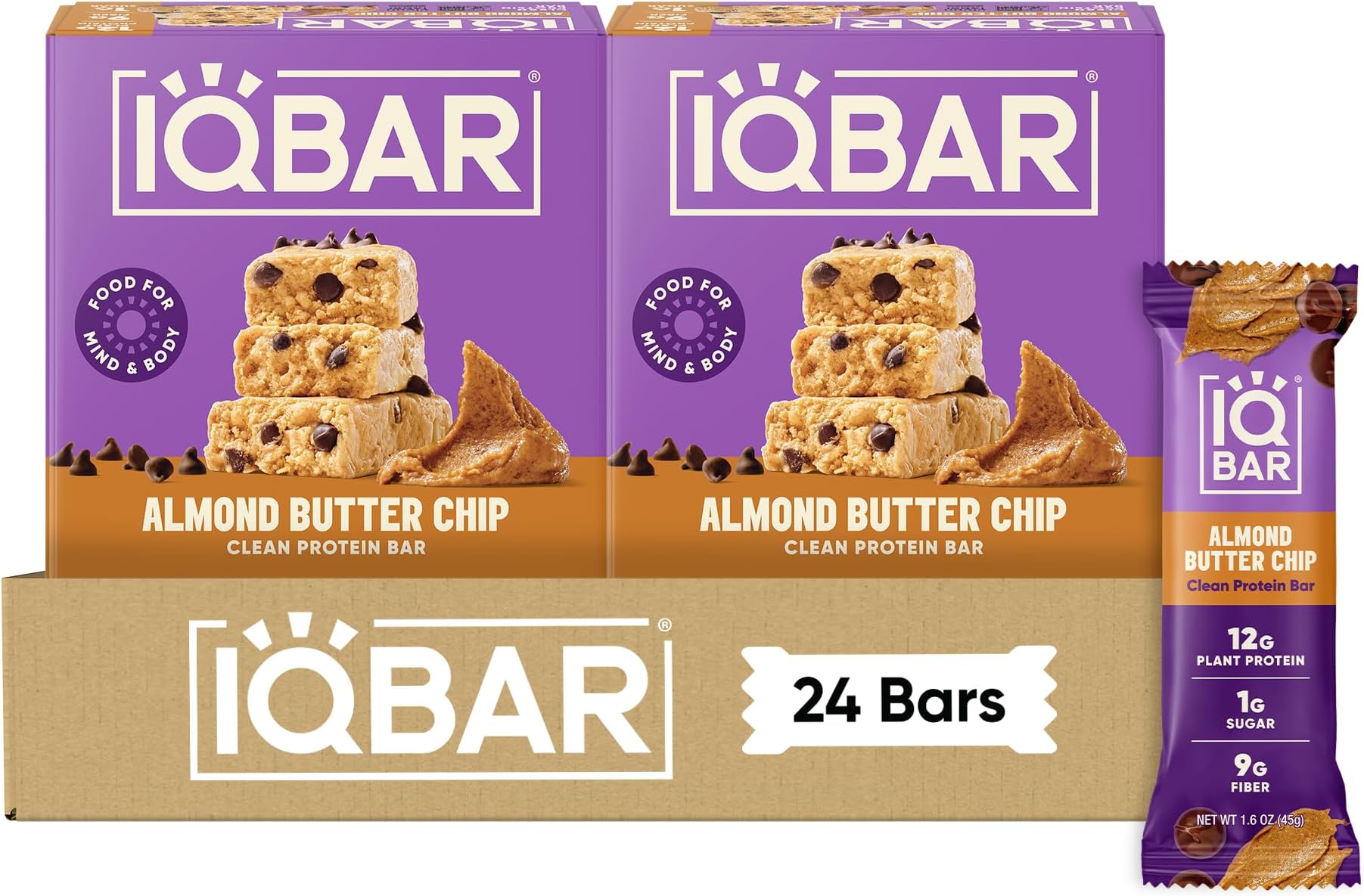 IQBAR Clean High Protein Bars, Low Sugar Keto, Almond Butter Chip 24ct