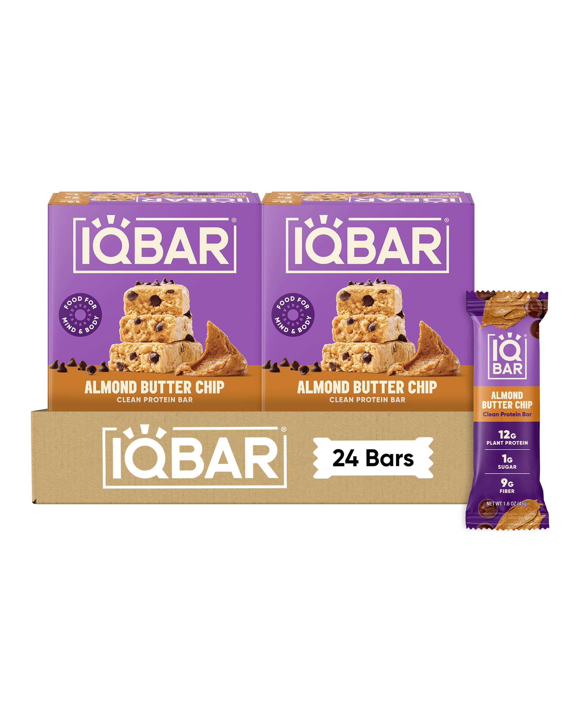IQBAR Clean High Protein Bars, Low Sugar Snack, Almond Butter Chip 24ct