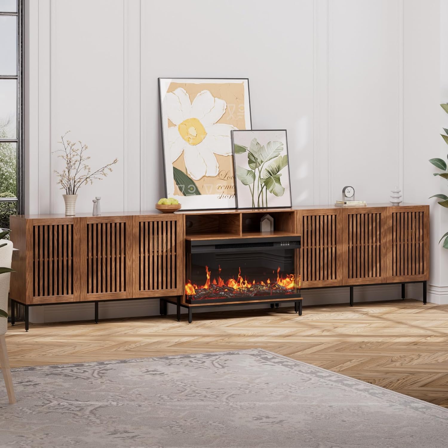 3-Sided Glass Farmhouse Fireplace TV Stand for TVs Up to 110 Inch, Entertainment Center with 36" Electric Fireplace, Brown TV Console with Storage Cabinets for Living Room