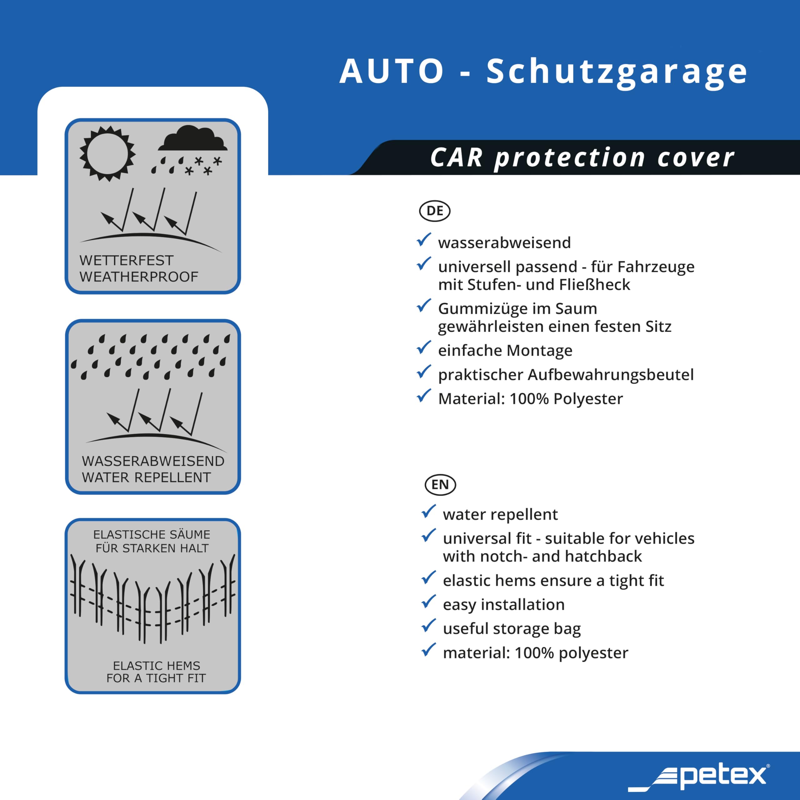 PETEX Autoabdeckplane Ganzgarage Größe XXL (ca. 571 x 203 x 119 cm), Nylon, blau
