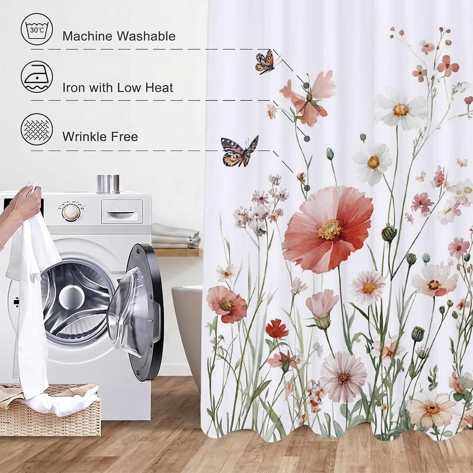 Rideau Douche Blanc Rideau de Douche Anti Moisissure Imperméable Tissu Polyester Shower Curtain avec Ourlet Inférieur Lesté, 12 Crochets Lavable Shower Curtain pour Décor 220 x 200 cm Plantes 3Y#177