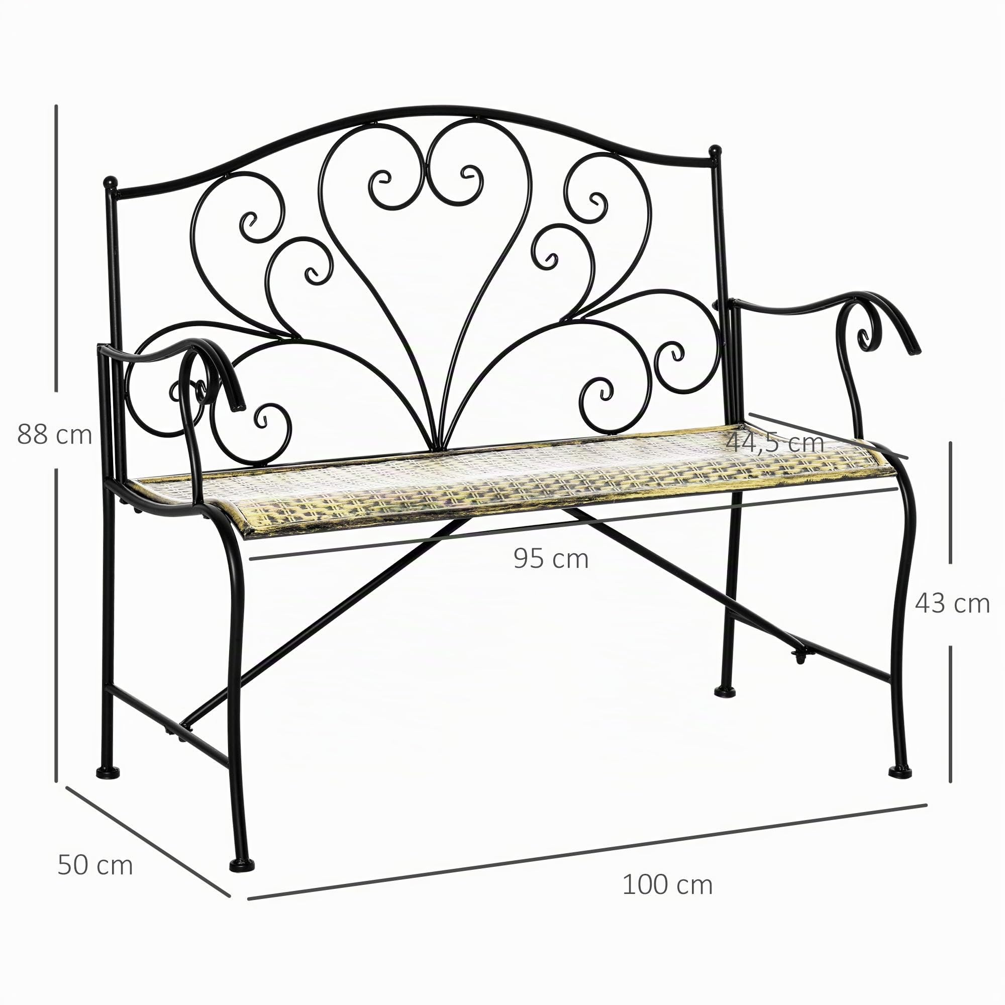 Outsunny Banc de Jardin 2 Places Fer Forgé Métal Noir Doré