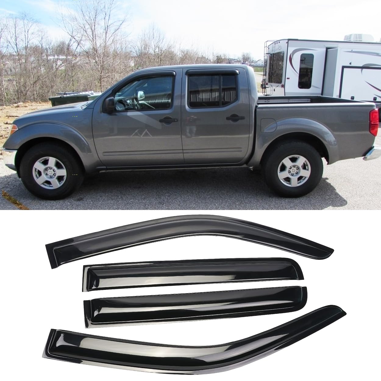 Puermto 94407 Side Window Wind Deflector,4pcs Out-Channel Tape On Dark Smoke Nice Rain Guards Set, Window Visor Fit For 2005-2022 Nissan Frontier Crew Cab (with 4 Full Size Doors