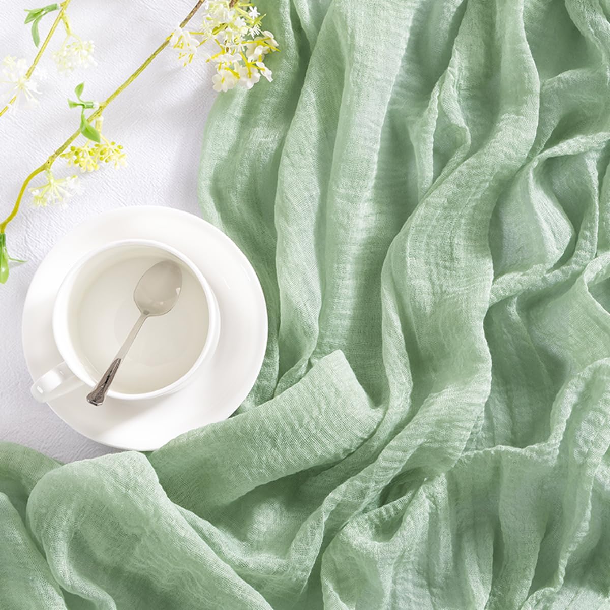 DeZerlor Sage Green Cheesecloth Table Runner 2 Pack Spring Easter Table Runners 120 inches Boho Gauze Sage Cheese Cloths for Rustic Wedding Bridal Baby Shower Decor Party