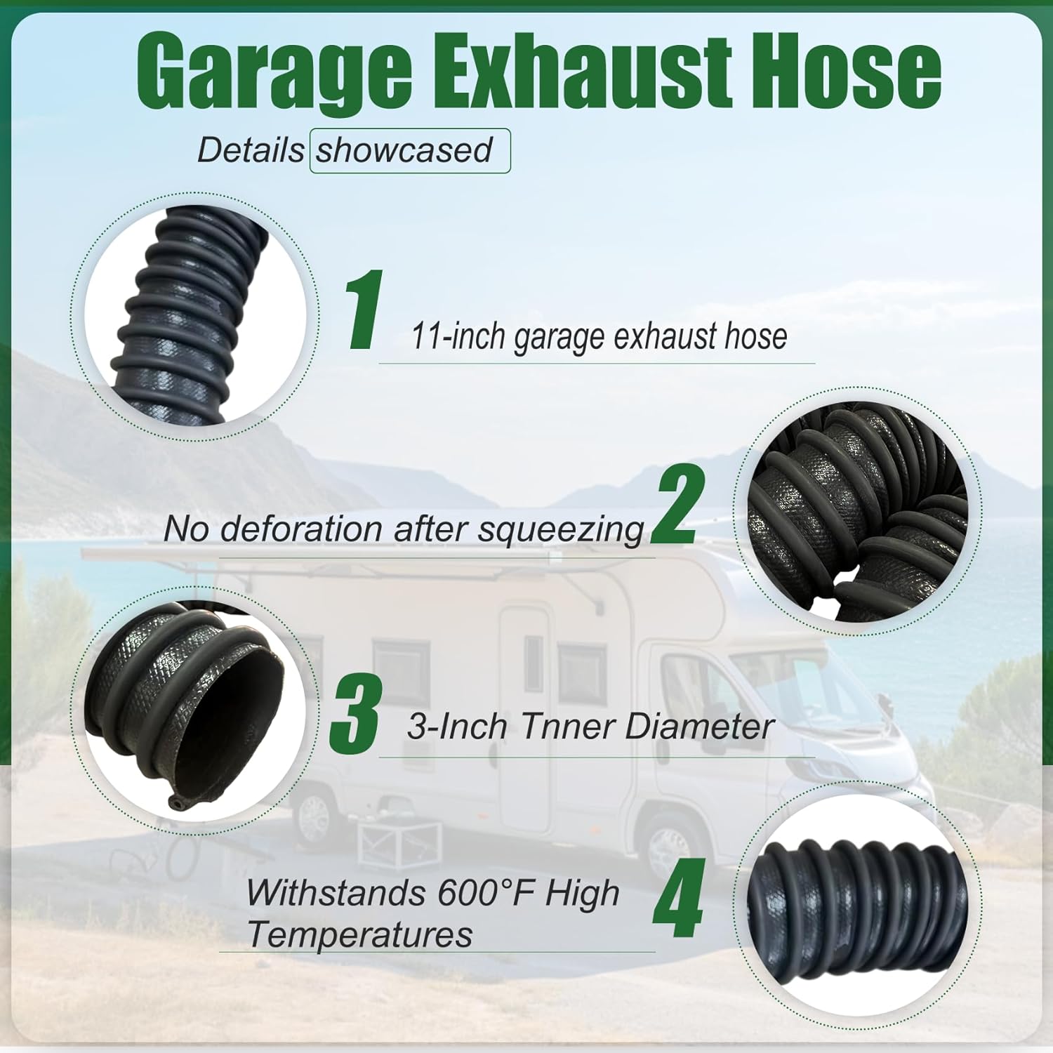3" ID x 11' Length Heavy-Duty Car Exhaust Hose with Two Hose Clamps for Garage, EPDM Rubber Pipe for Automotive Exhaust Vent, 600°F Heat Resistant Spliceable Exhaust Tailpipe Hose for Auto Shop