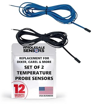 Set of 2 Replacement Temperature Probe Sensors for Commercial Refrigerators & Freezers, Includes Black Evaporator Sensor and Blue Room Temperature Sensor