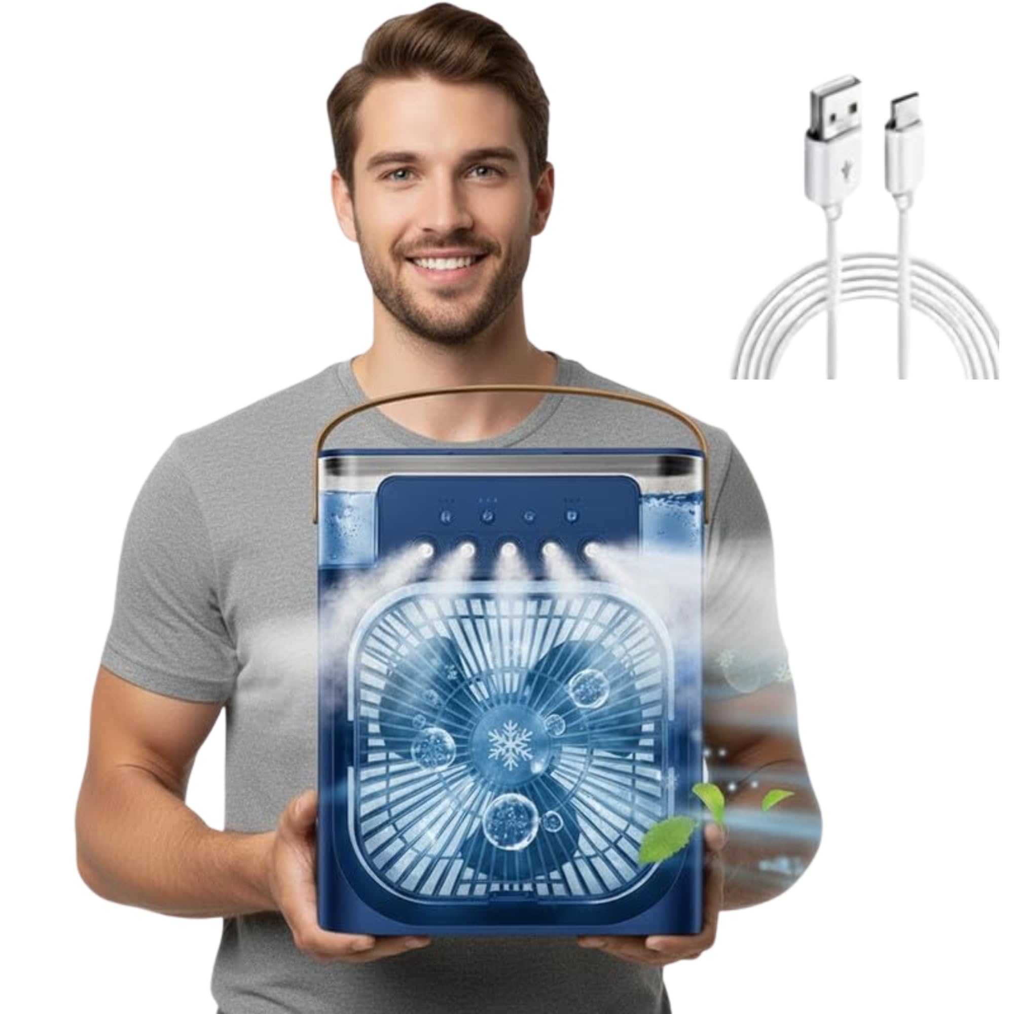 Drumstone TopRated 𝟏𝟓𝐘𝐫 𝐖𝐚𝐫𝐫𝐚𝐧𝐭𝐲 Mini Air Cooler, Portable Air Conditioner Fan with 3 Wind Speeds and Spray Modes, Personal Desk Cooler with Adjustable Timer and LED Light – Blue