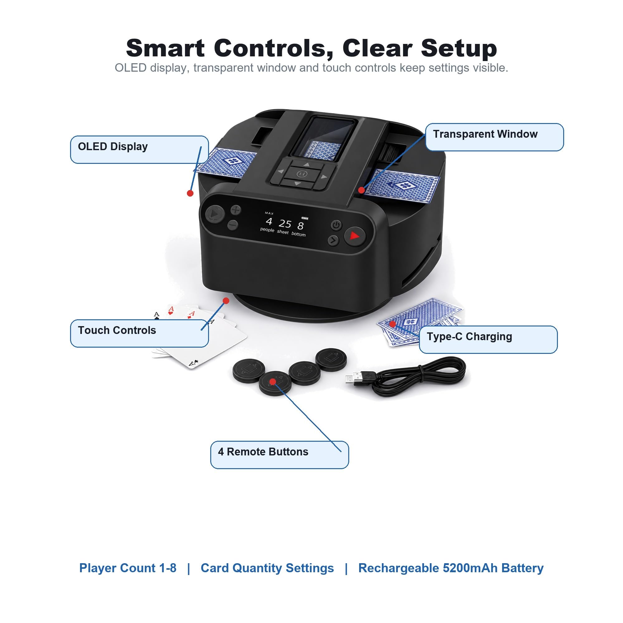 Mescolatore e mazziere automatico di carte con rotazione di 360 gradi | Corpo in Abs, Poker e Giochi di Società, Mischia e Distribuisci, Display Oled, Batteria da 5200Mah
